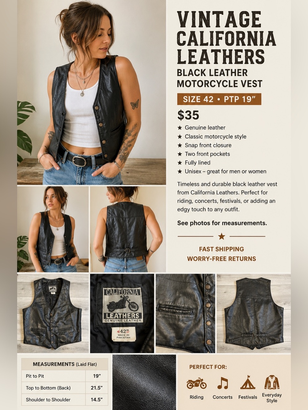 Vintage California Leathers Genuine Leather Motorcycle Vest | Biker Western